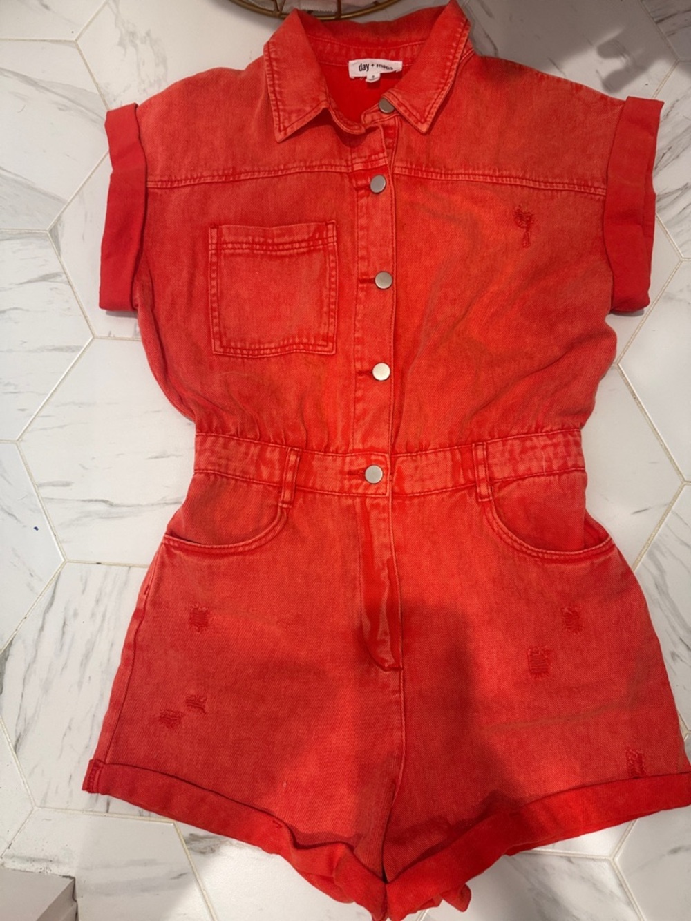 Red Denim Short Sleeve Romper